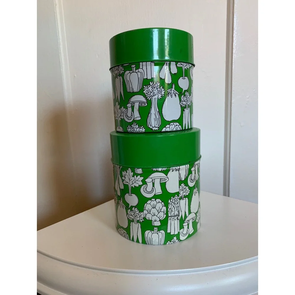 Vintage MOC Japan Green Vegetable Tin Canister Set of 2 Retro Kitchen Storage